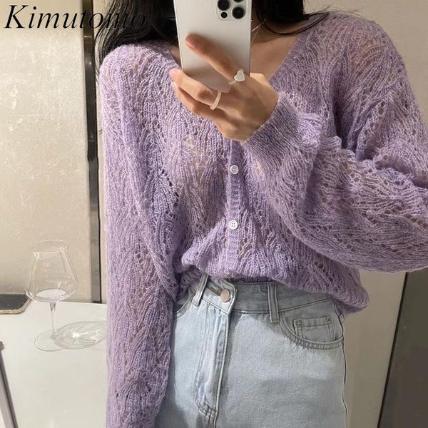 

women's knits & tees kimutomo summer casual cardigans women hollow out v-neck long sleeve knit sweater thin female solid color slim bre, White