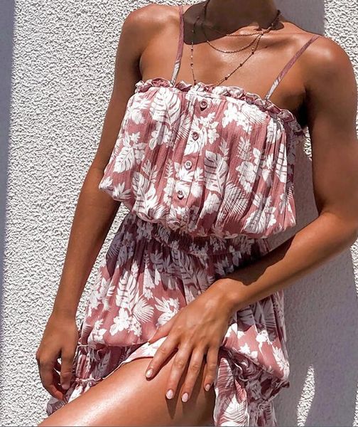 

ladies spaghetti decor boho floral print belted mini dress women 2021 summer beach sea sundress casual dresses, Black;gray
