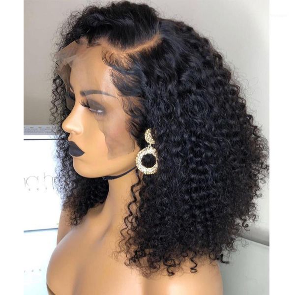 

simbeauty deep curly natural color silk full lace human hair wigs with hairline 150density short bob front wigs1, Black;brown