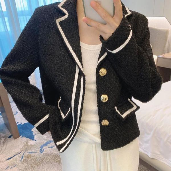 

women's wool & blends high end short coat women 2021 autumn winter color block woolen black jacket notch collar white trim luxury retro