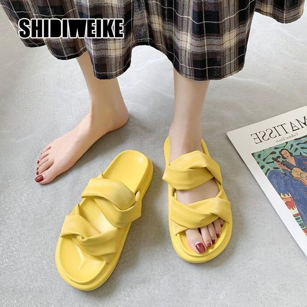 

slippers women flat ladies pu leather beach shoes woman summer casual pleated slipper female fashion footwear 2021 vb214, Black