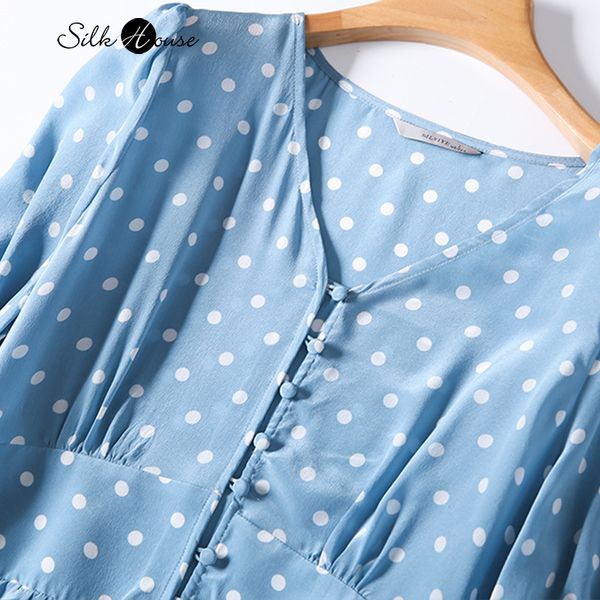 

dress dot prints sky blue female silk temperament v-neck french slim a- line summer, Black;gray