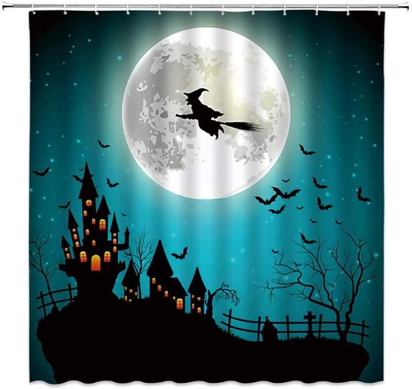 

shower curtains halloween curtain horror black castle moon witch broom bat shiny star dead tree blue teal sky home bathroom decor