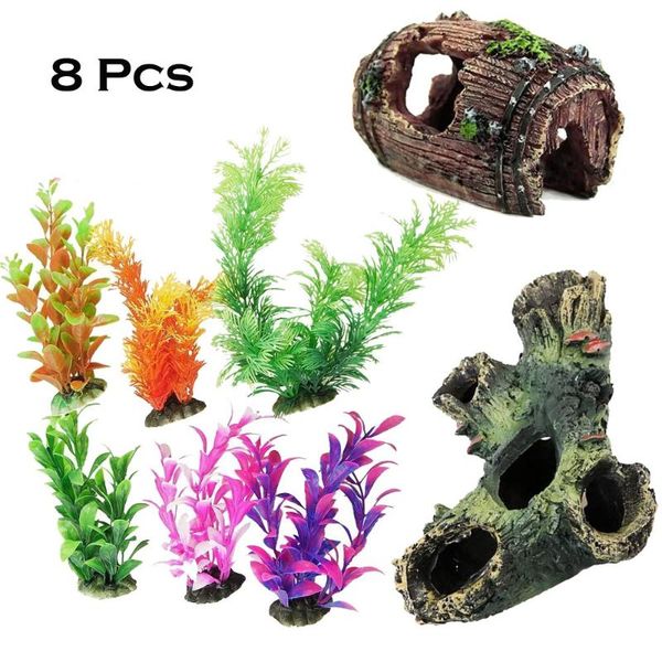 

8pcs fish tank decorations set aquarium aquatic decor with wood cave plants water artificial plastic ornament