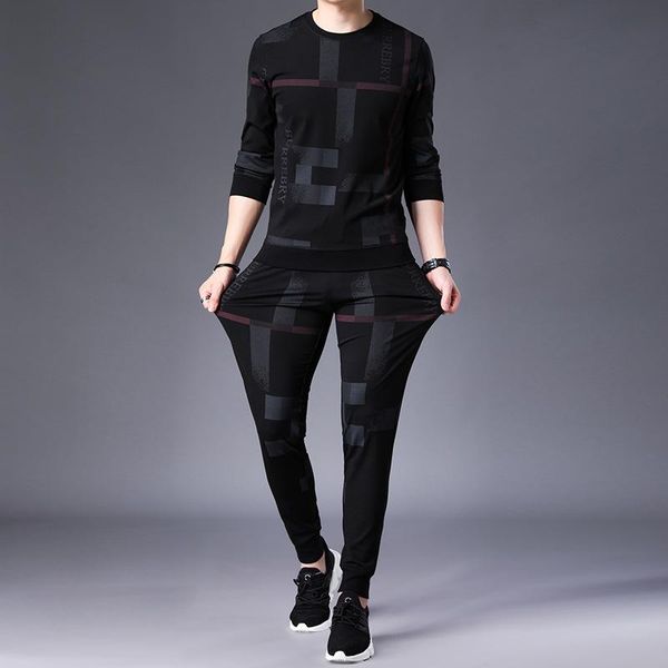 

men's tracksuits 21 autumn casual round neck sportswear fashion printing young long sleeved trousers complete set of clothing, Gray