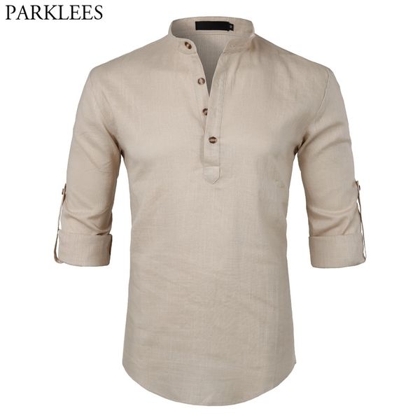 Herren Casual Baumwolle Leinen Henley Hemd Marke Roll-up-Ärmel Kleid Männlich Slim Fit Lange Camisa Masculina Beige 210721