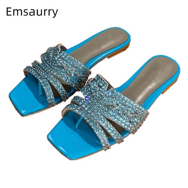 

slippers square open toe flip flops summer real leather flat heel slip-on outwear slides diamond rhinestone women, Black