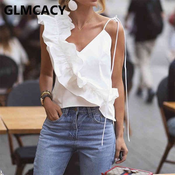 

women v-neck spaghetti strap ruffle design blouse sleeveless solid white chic shirt