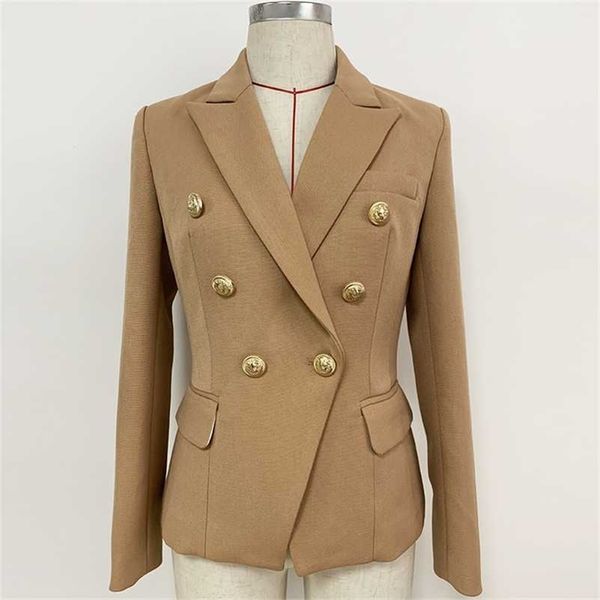 

high street fashion designer blazer women's lion buttons double breasted pique blazer jacket brown 211104, White;black