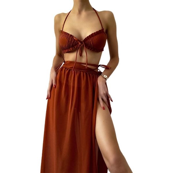 

3pcs women bikini set solid color halter ruffled bra strappy thong swimsuit with tie waist mesh maxi beach skirt coverup two-piece suit