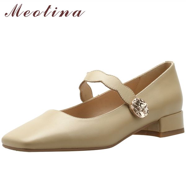 

square toe mary janes shoes woman real leather med heels block heel pumps metal decoration female footwear beige size 40 210517, Black