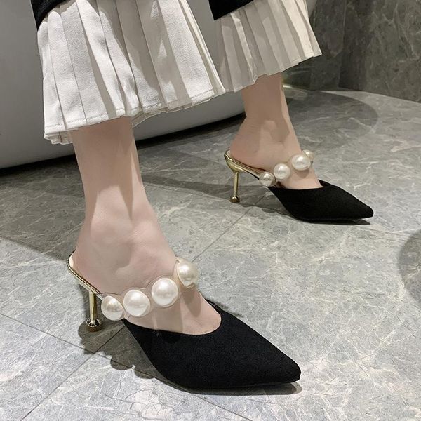 Hausschuhe Frühling Woen Spitz Zehen String Bead Dünne Ferse Weiblichen Sandalen Solide Mode Damen Schuhe Abdeckung Kopf 2021