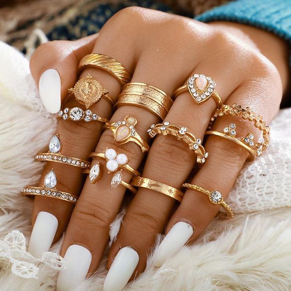 

cluster rings bohemian women anise star crown cross snake drops geometry crystal joint gold ring set personality lady wedding jewelry, Golden;silver