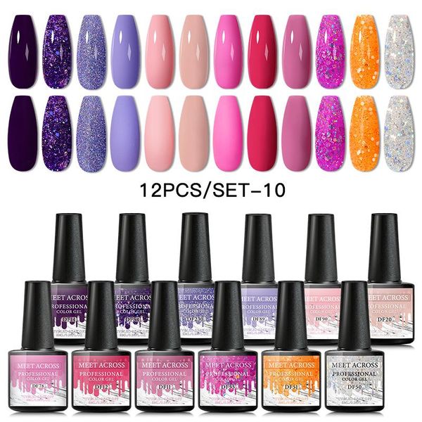 

nail gel meet across 12pcs polish set glitter semi permanent hybrid varnish soak off uv led art manicure nails, Red;pink