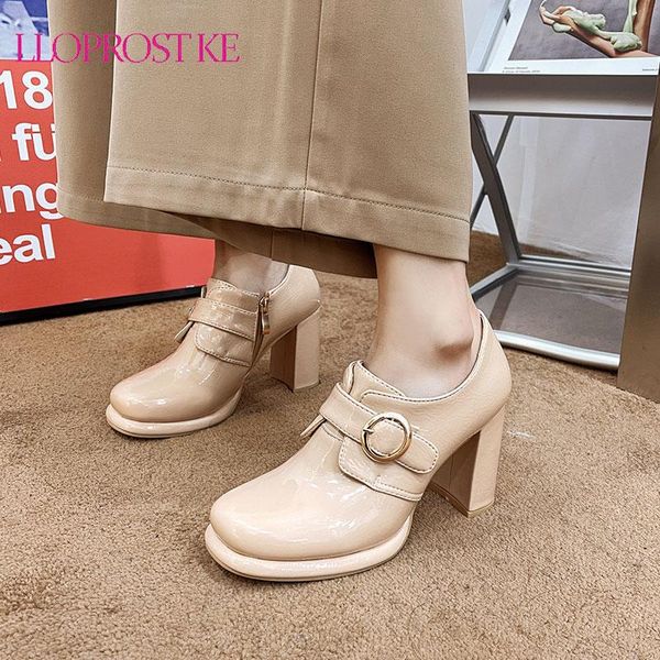 

dress shoes lloprost ke 2021 spring autumn patent leather round toe block high heels mature ladies pumps womens large size 33-43, Black