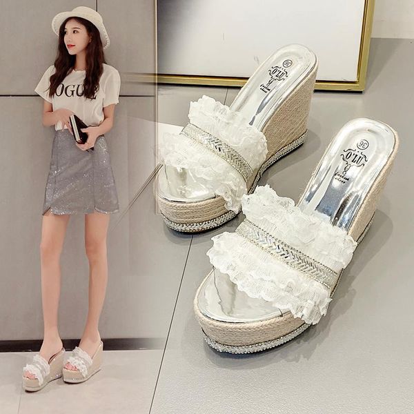 

slippers 2021 women sandals lace loose puddings beach slope influx dragging summer slip all-match shoes, Black
