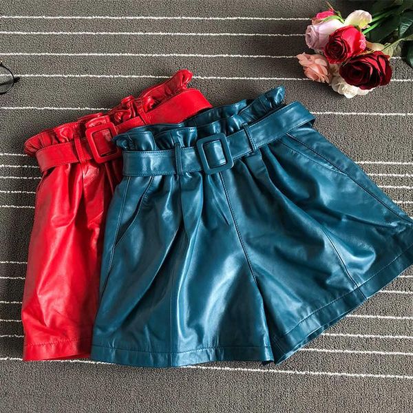 

women's shorts autumn 2021 sheepskin wide-leg chic belt real leather high-waist short trousers a711, White;black