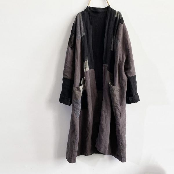

women's trench coats fairynatural autumn winter vintage female cardigan windbreaker 2021 long sleeve ladies chinese style cotton linen, Tan;black