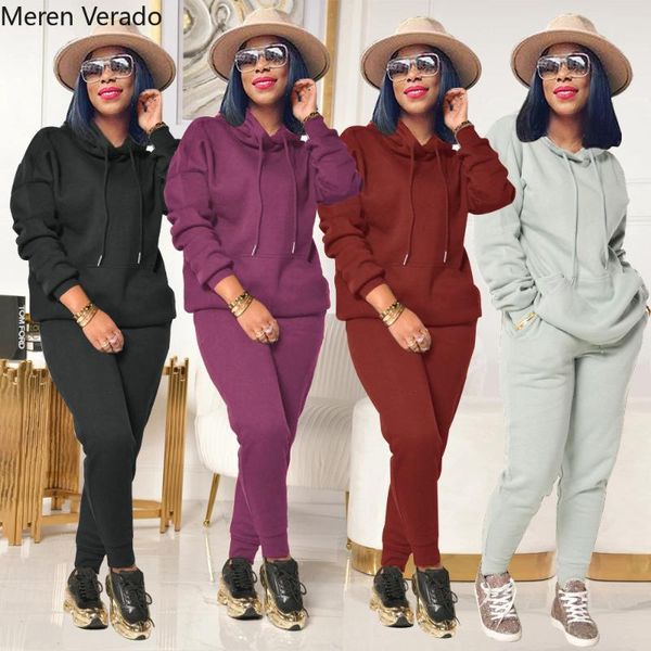 

women's two piece pants meren verado winter women sport fitness long sleeve hooded drawstring pocket +sweatpants jogger casial set outf, White