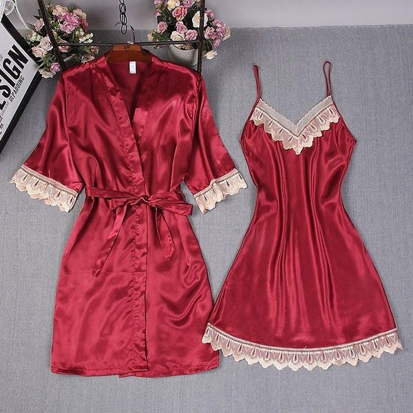 

women's sleepwear 4pcs floral lace trim satin cami pajama set with robe, Black;red