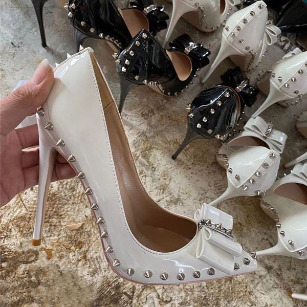 

dress shoes dark nude 12cm extreme high heels women shoes with bow rivets black red pointed toe shallow pumps plus size md002 rovi