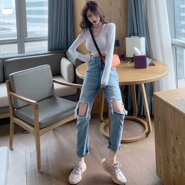 

women's jeans ripped for women spring/summer 2021 fashion casual hemmed straight pants retro high waist all-matching fashionable, Blue