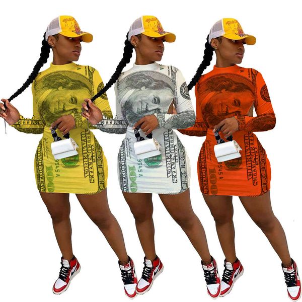 

casual 2021 spring and autumn women's banknote print open back dress designer fashion halter round neck slim long sleeve dres, Black;gray