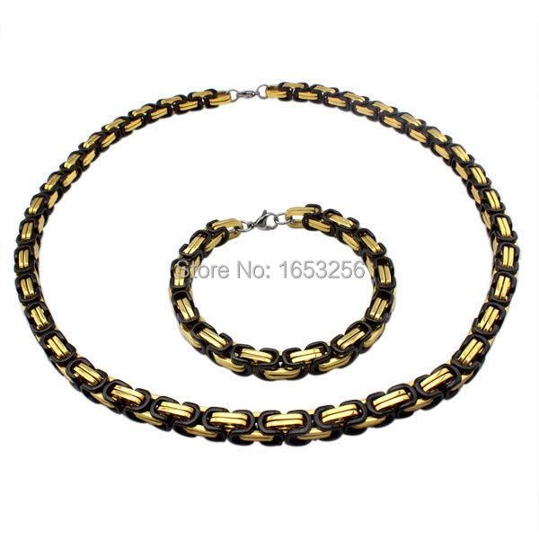 

earrings & necklace 8.5mm wide so cool black gold 2-tone box- byzantine chain bracelet set stainless steel jewelry in men's, Silver