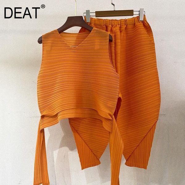 

women pleated suit solid sleeveless bandage pullover short + dropped harem pants loose 2021 summer fashion15ht245 women's two piece, White