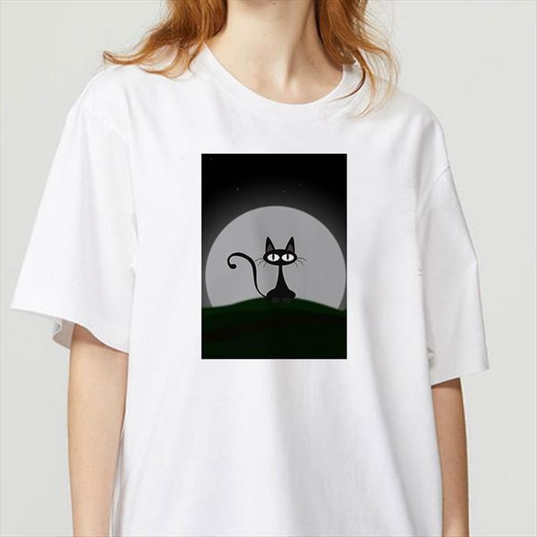 

summer streetwear funny cat print women t shirt graphic fun retro casual, White
