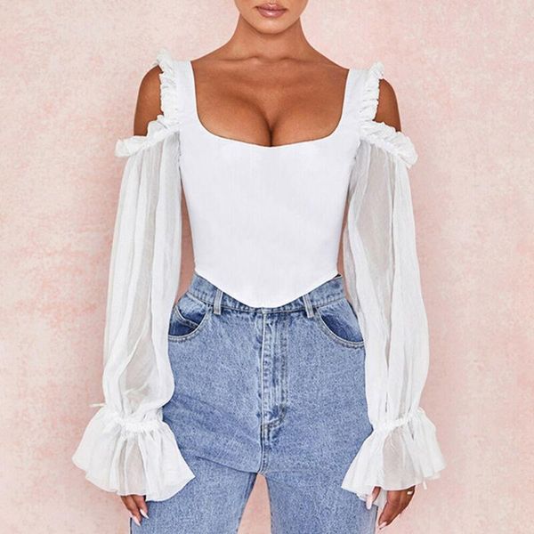 

women's blouses & shirts women girls mesh sheer long sleeve transparent blouse shirt fashion white lace female streetwear