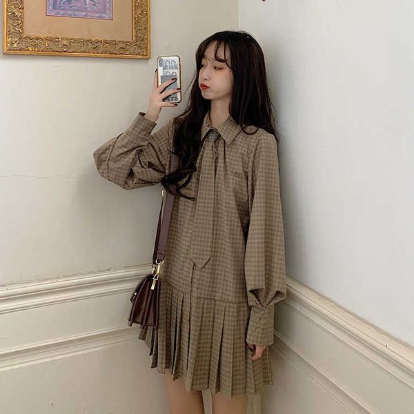 WERUERUYU Kleid Herbst Lose Koreanischen Stil Junior High School Student Rock Langarm Plaid Temperament Hemd Kleid 210608