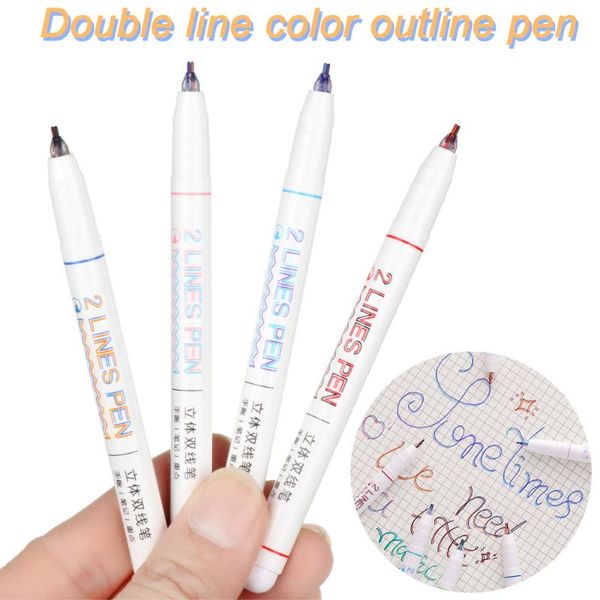 

6pcs/set double line pen highlighters two-color art drawing student reading marker diy diary hand account decor stationery, Black;red