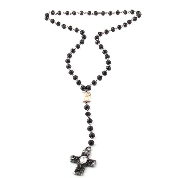 

moodpc fashion bohemian jewelry glass crystal rosary chain crystal link metal cross pendant necklaces, Silver
