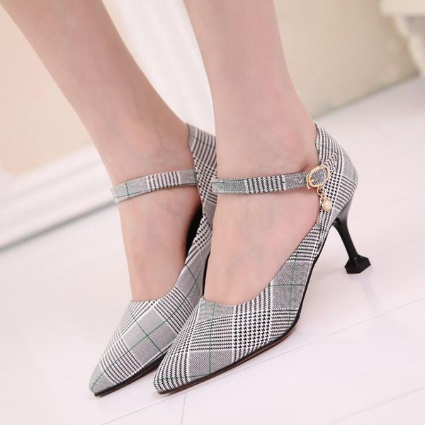 

spring fashion women pumps plaid pointed toe ankle strap thin high heel shoes lady office party shallow 34-43 dress, Black