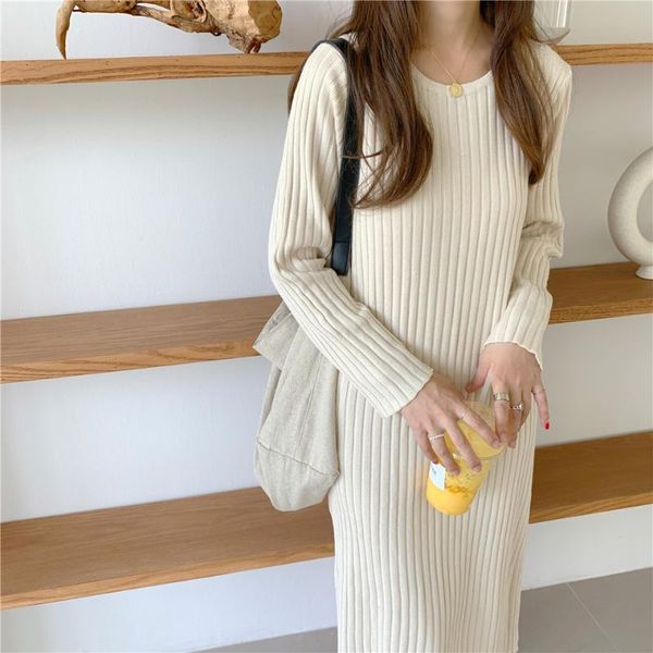 

casual dresses autumn winter retro korea slim knitted dress women fashion solid all-match bottoming elasticity knit vestidos mujer, Black;gray
