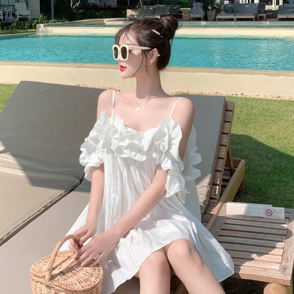 

spring female loose sweet solid color sleeveless minimalist off shoulder white ruffles sling ball gown dress 8y953 210510, Black;gray