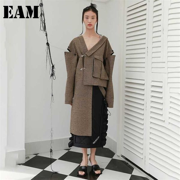 

[eam] loose fit big size irregualr pocket woolen coat parkas long sleeve women fashion autumn winter 1dd2175 211020, Black