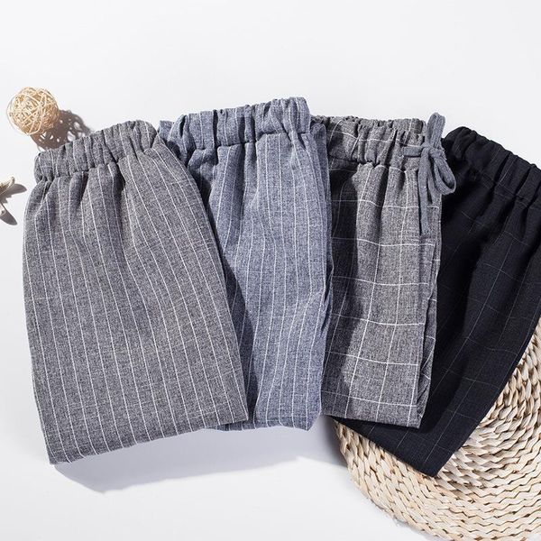 

cotton linen autumn summer casual womens pants trousers thin ankle length harem plaid women harajuku fashion, Black;white