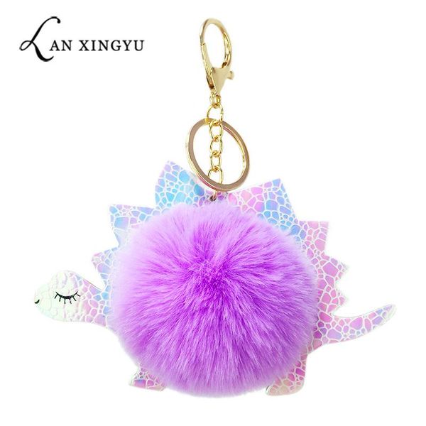 

keychains creative bright pu artificial leather dinosaur shape fur ball key chain pendant ladies luggage car small gifts, Silver
