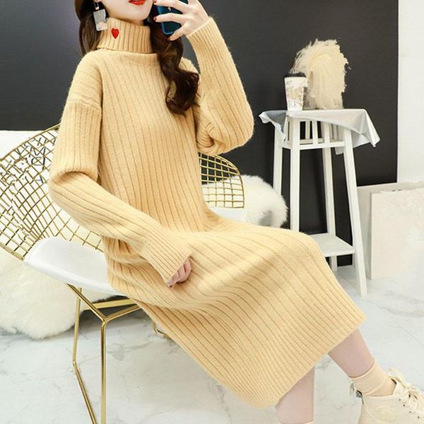 

women's sweaters autumn 2021 loose long turtleneck yellow knitted jumper pullover sleeve casual knit mujer women plus size, White;black