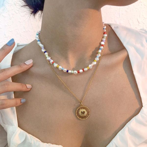 

chokers korean love pendant necklace alloy imitation pearl necklaces for women retro jewelry personality clavicle chain female, Golden;silver