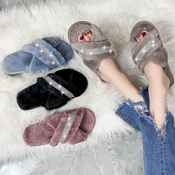 

womens home plush slippers 2021 winter indoor warm fur house slipper soft non-slip sole flats shoes female diamond luxury shoe, Black