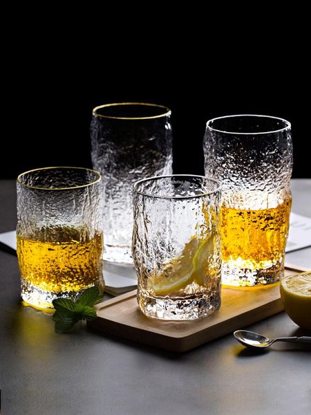 

pcs hammered pattern gold rim glass wine cup bark irregular household water cups milk whiskey juice glasses
