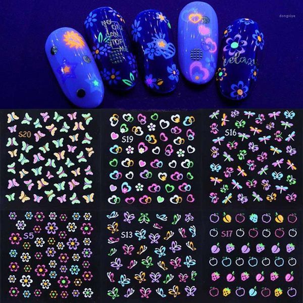 

luminous fluorescent nail stickers butterfly flower bow star cartoon sliders adhesive decal art decoration 12/24pcs & decals1, Black