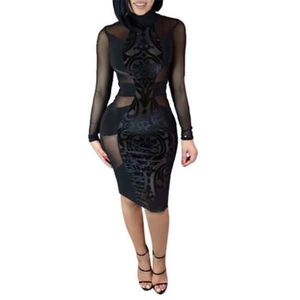 

women long sleeve see through mesh bodycon clubwear party midi dress casual dresses, Black;gray