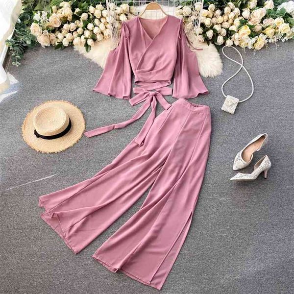 

spring suit women's lace-up bow flared sleeve short high waist wide leg pants chiffon two-piece female c036 210506, White