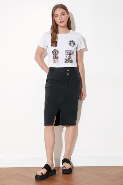 

skirts trendyol double button detail asymmetric it should cover slit denim skirt twoss21et0422, Black
