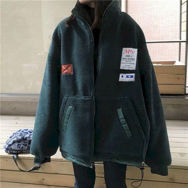 

women's jackets lamb wool double-sided jacket women padded zipper stand collar 2021 loose korean fashion streetwear parkas top, Black;brown