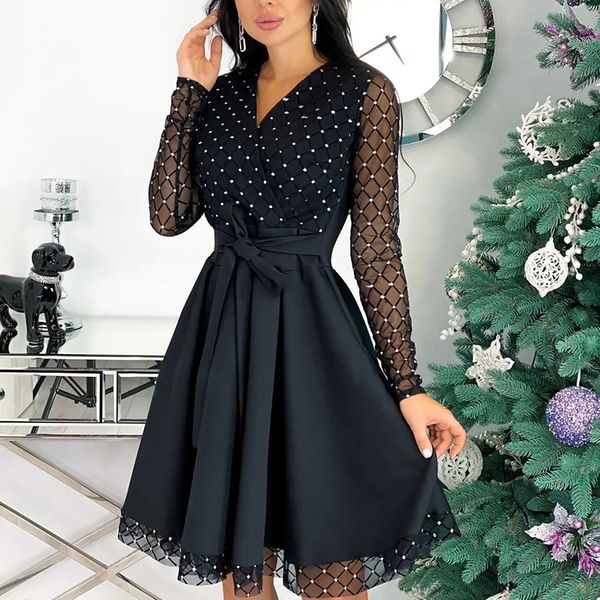 

2021capucines fashion shiny sequin diamond mesh stitching dress women spring autumn sheer long sleeve belted slim a line dresses, Black;gray